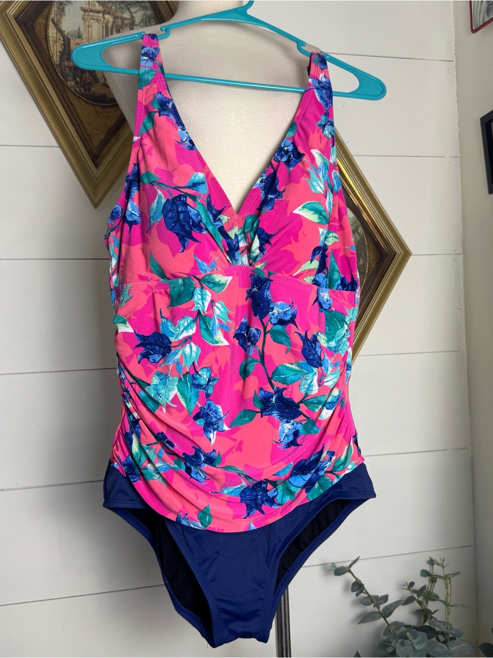 Women’s Bal Harbour Ruched Tummy Control 1 Piece Swimsuit Sz 14 Pink Blue Floral